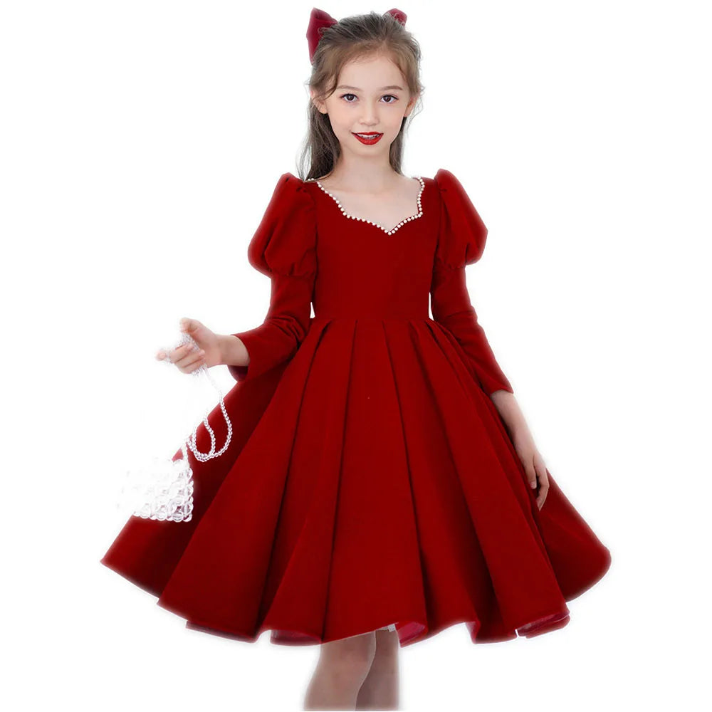 Maxy Princess Noble Princess Evening Dress Mesh Solid Red Ball Gown Children Christmas Party Dress Flower Girl Wedding Dress for 2-10 Year Kid