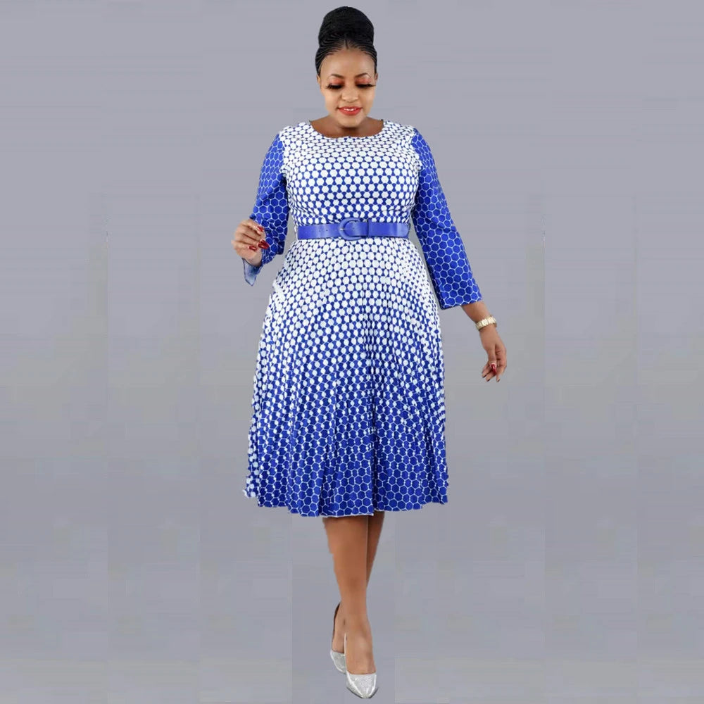 Maxy New Hot Sale African Style Plus Size Printed Round Neck 3/4 Sleeve Large Pleated Swing Snake Dress For Women