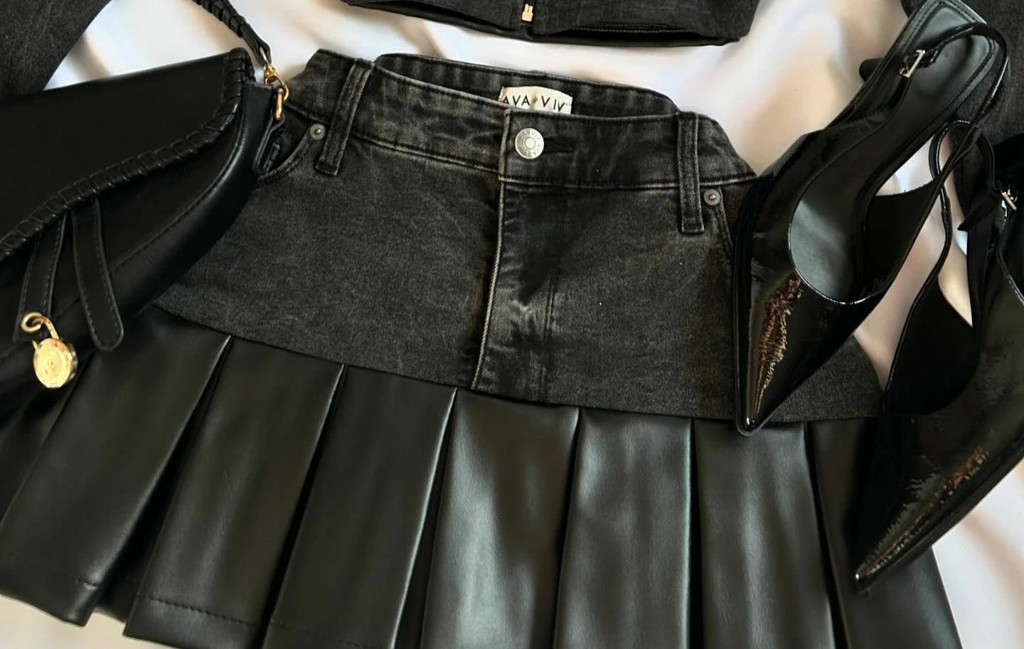 Maxy Two Piece Sets Women Outfits Y2K Pu Leather Spliced Denim Black Skirt Sets New Harajuku Gothic Sexy Zipper Jacket Mini Skirt