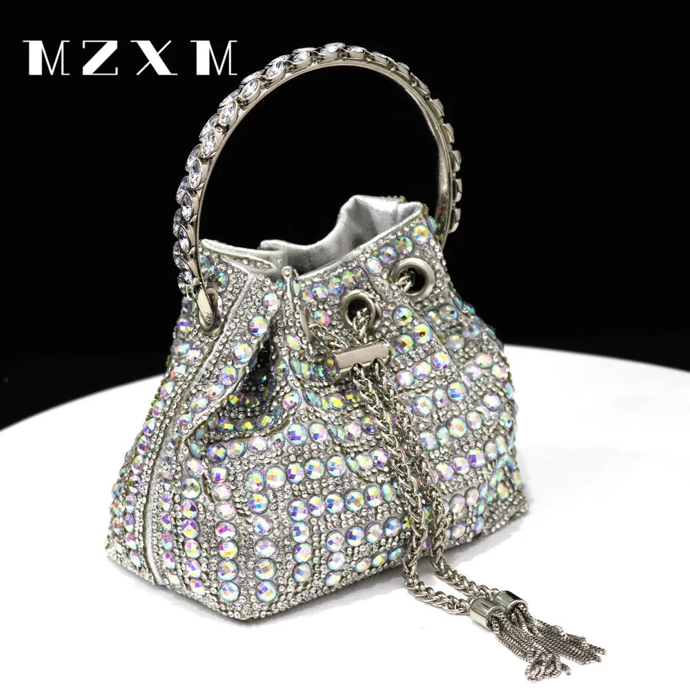 Maxy New Rhinestones Women Evening Bags Bucket Design Party Day Clutch Soft Mixed Color Shoulder Chain Handbags Purse