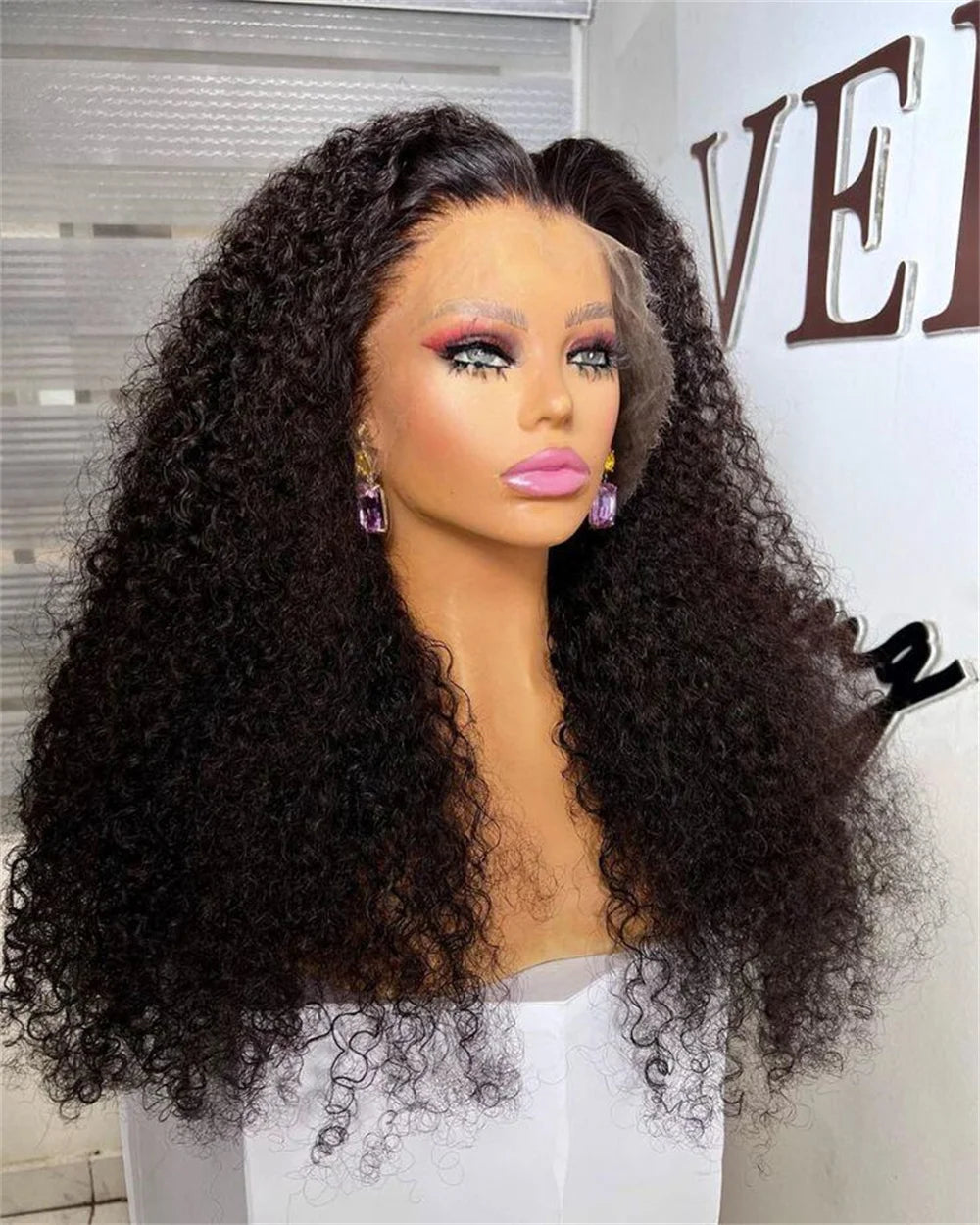 Amay Soft 26inch Long Kinky Curly Natural Black Glueless 180Density Deep Lace Front Wig For Women With Baby Hair Preplucked Daily