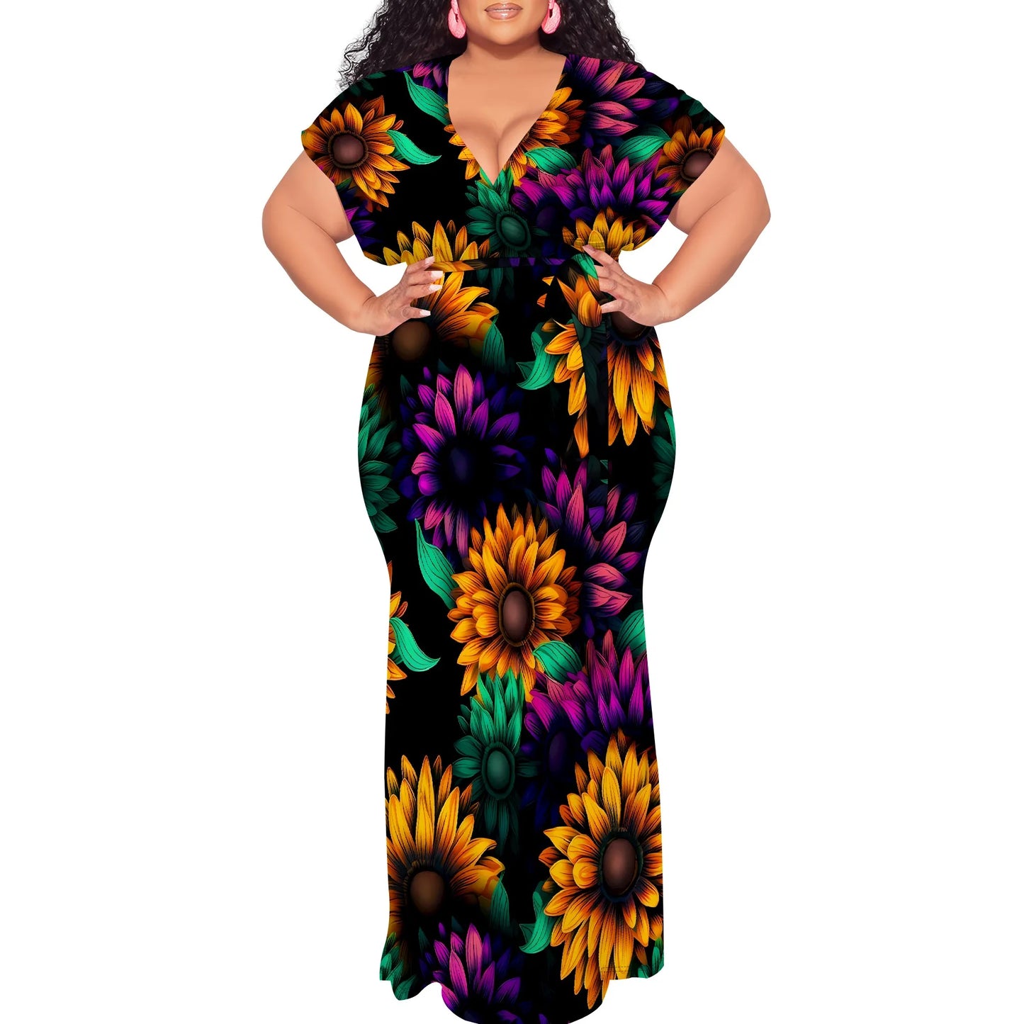 Maxy Plus Size Floral Print Dress V Neck Summer Casual Elegant Long Dress for Women