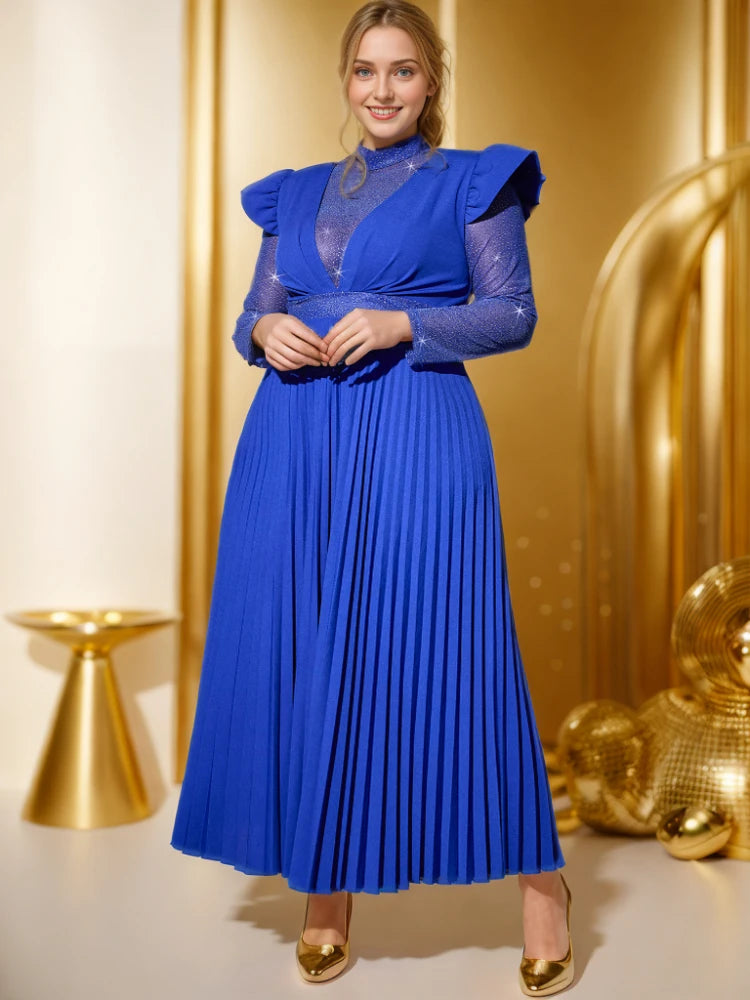 Amay Women Blue Maxy Evening Party Dress High Neck See Through Sheer Mesh Patchwork Long Sleeve Empire Pleated Gown Plus Size