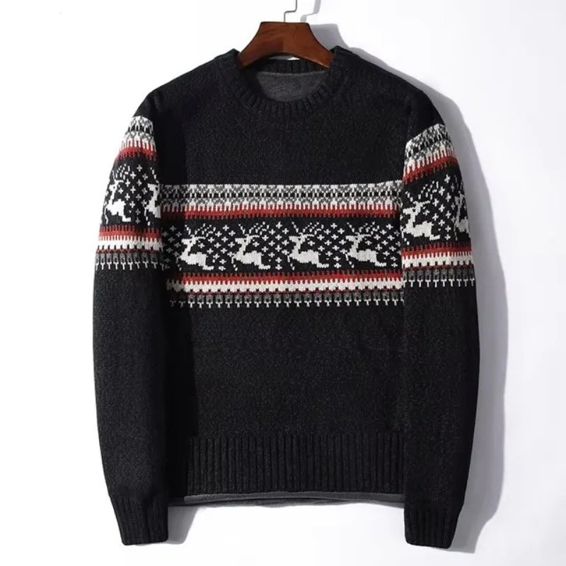 Jacquard Deer Christmas Knitted Sweater Men Red Thick Fleece Wool Men's Jumpers Pullovers Coats Winter Sweater Male Clothing