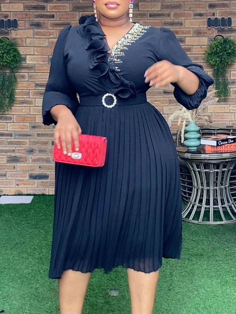 Amay Elegant Solid Color A-Line Dress with Tiered Design and Three Quarter Sleeves Featuring Rhinestone Details Party Evening Wear