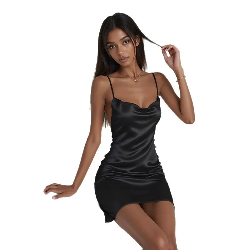 Maxy Women's Satin Slip Dress Sexy Backless Spaghetti Strap Nightgown Loungewear Sexy Solid Color Mini Dress Night Club Robes Female