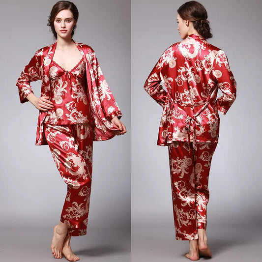 Amay Women's Silk Satin Pajamas Set 3 Pcs Floral Silky Pj Sets Sleepwear Cami Nightwear with Robe and Pant