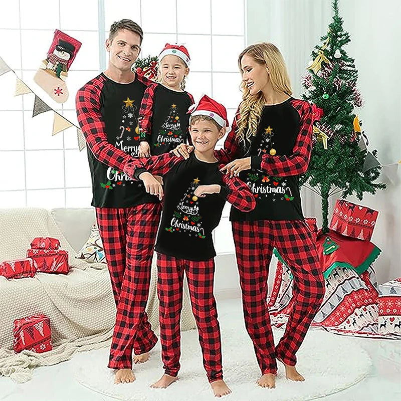 Maxy Christmas Family Pajamas Matching Set Long Sleeve Letter Print T-shirt+Elastic Waist Plaid Pants Sleepwear Loungewear