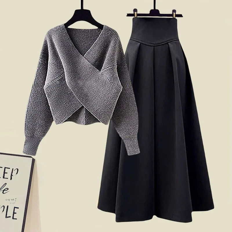 Maxy Style Autumn New Chest Cross Knitted Sweater Pullover Pleated Half Skirt Two-piece Set Fashionable Women's Skirt Set