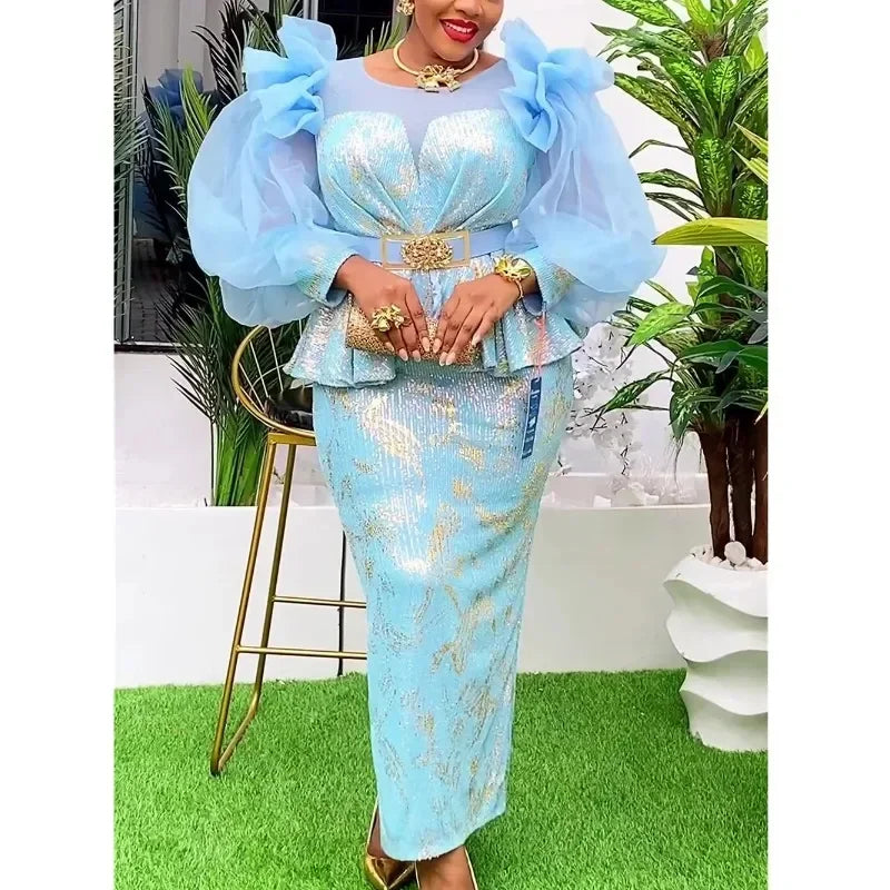 Amay Dresses for Women New Fashion Plus Size Sequin Evening Party Long Dress Dashiki Ankara Outfits Robe African Clothes