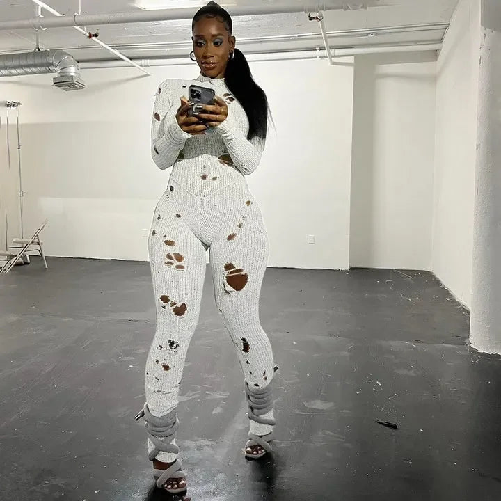 Amay Hollow Out Knit Slim Plain Ripped Jumpsuits Stand Collar Distressed Bodycon Lady Streetwear Casual Women Long Sleeve Jumpsuit