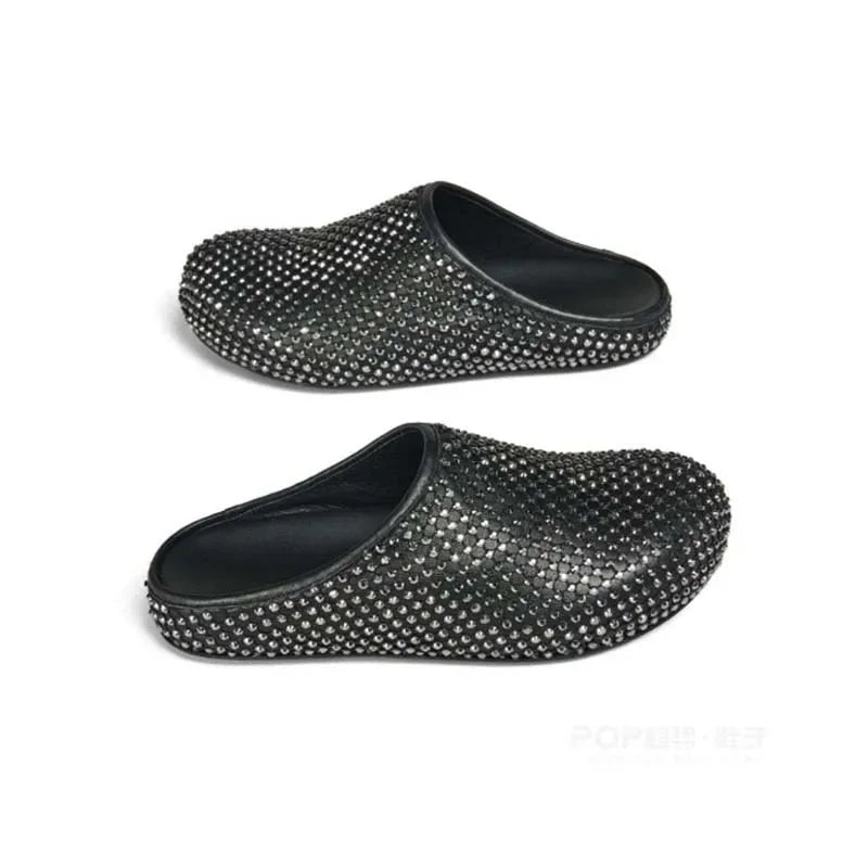 Babs Personalized Rhinestone Slippers Large Size Round Toe Black and White Flats Women Round Toe Shoes