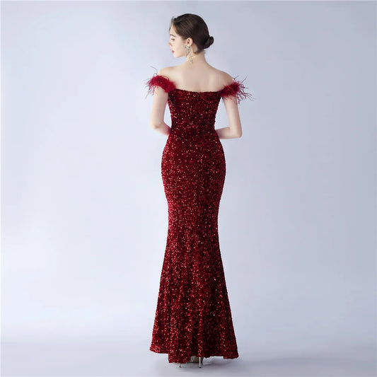 Maxy Evening Dress Burgundy Sequins Stretchy Off the Shoulder Feather Zipper Mermaid Trumpet Floor Length Women Party Formal Gowns