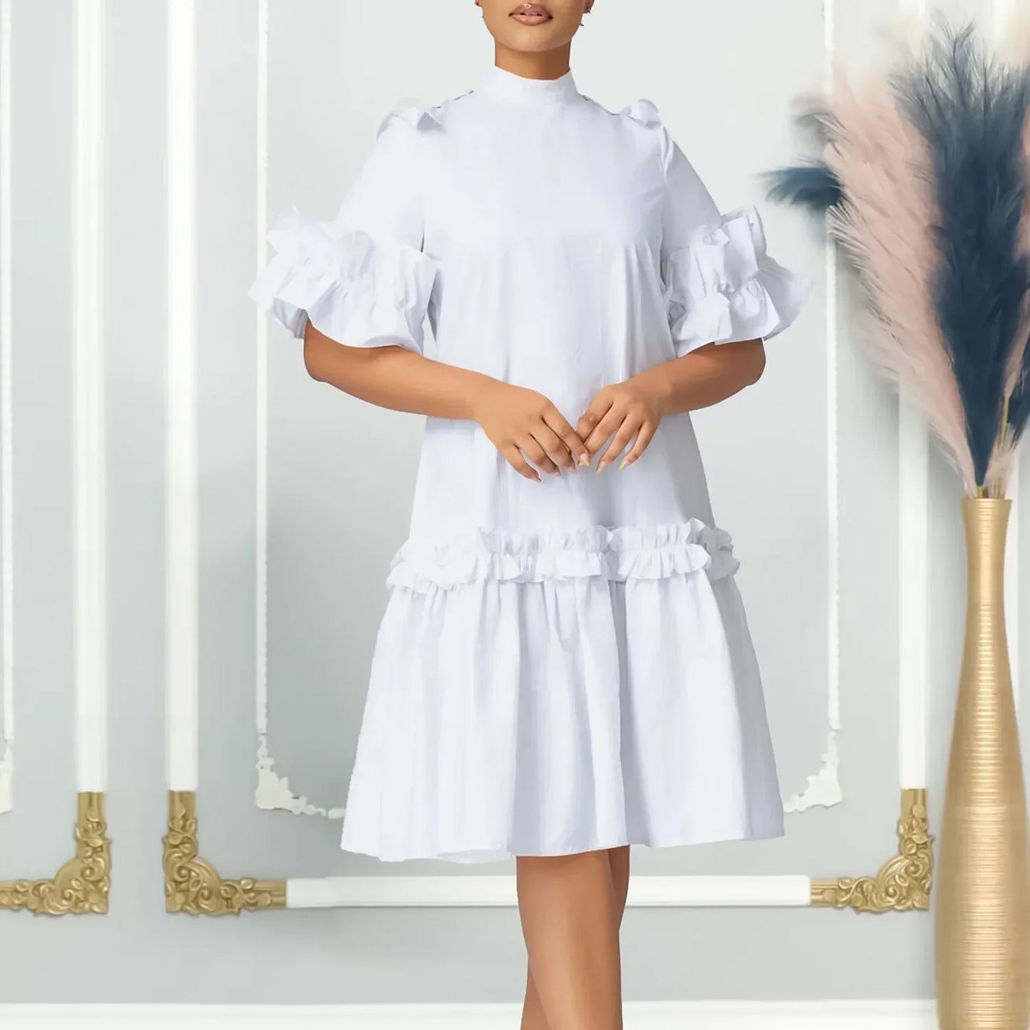 Amay Dresses for Women Elegant Half Sleeve Polyester White Black Red Blue Party Evening Dress Gowns Outfits S-3XL