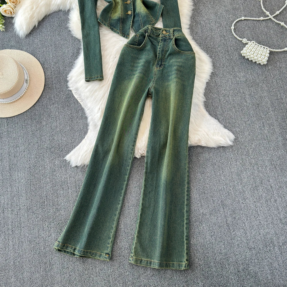 Amay Women's Long-sleeved Denim Set Korean Version V-neck Single-breasted Jeans Jacket + Casual High-waiste Straight Pants