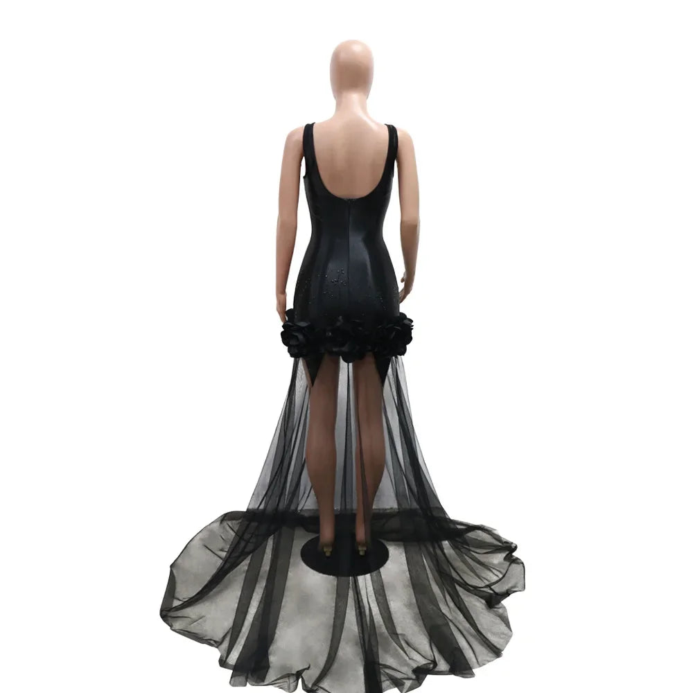 Maxy Diamonds 3D Flower Mesh See Through Women Sleeveless Bodycon Long Dress Birthday Party Evening Prom Maxy Mermaid Dresses