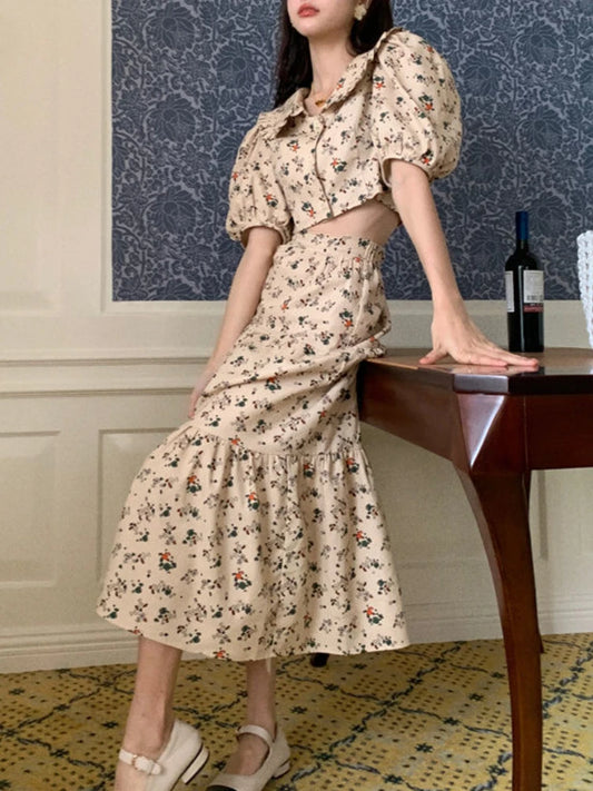Maxy Vintage Floral Two Piece Set Women Elegant Cropped Top Slim A-line Long Skirt Sets Female Casual Sweet Printing Party Skirt Set