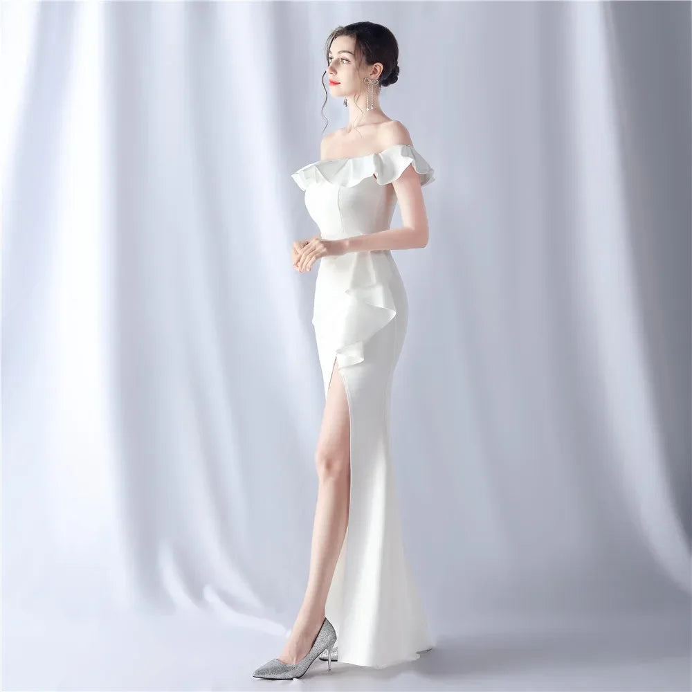 Maxy Evening Dresses White Stretchy Off the Shoulder Ruffles Zipper Back Mermaid Trumpet Floor Length Women Party Formal Gowns YE037