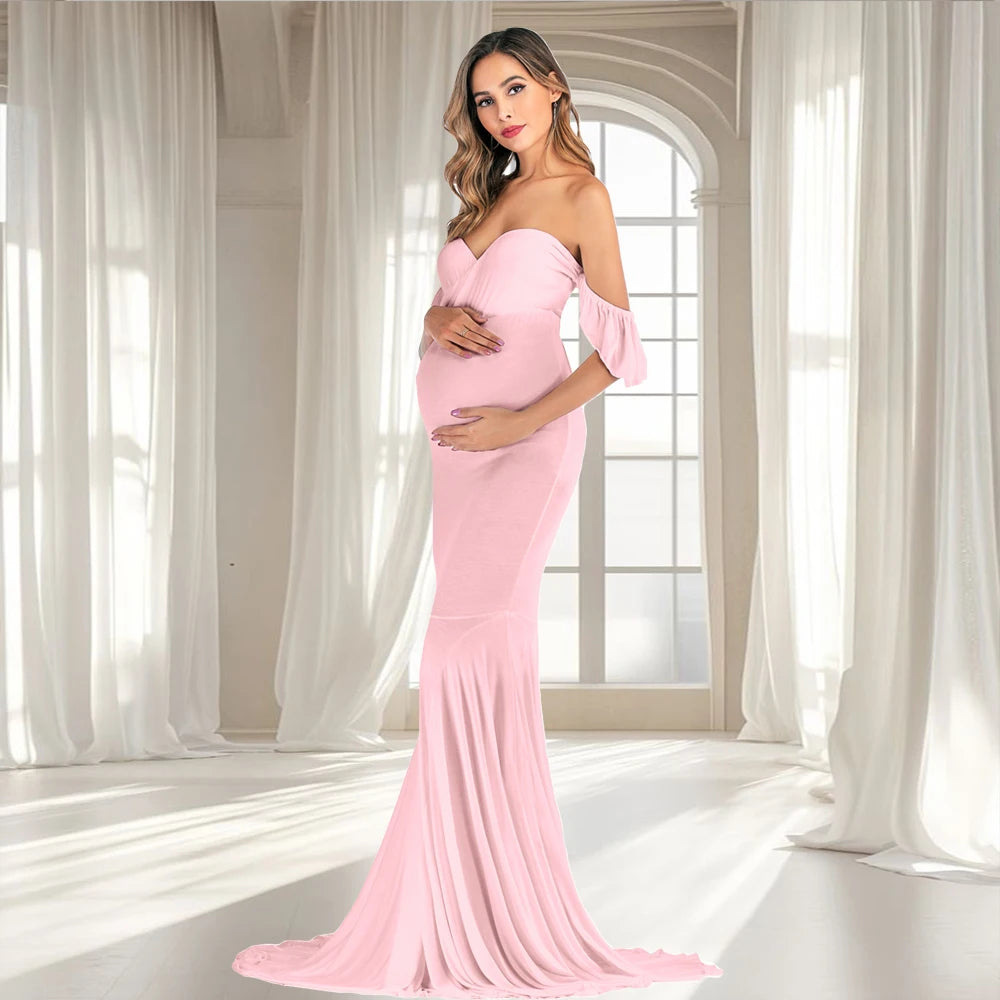 Maxy Maternity Dress Photography Tube Top Ruffle Sleeve Slim Fishtail Bridesmaid Wedding Maxy Gown Pregnant Baby Shower Robe