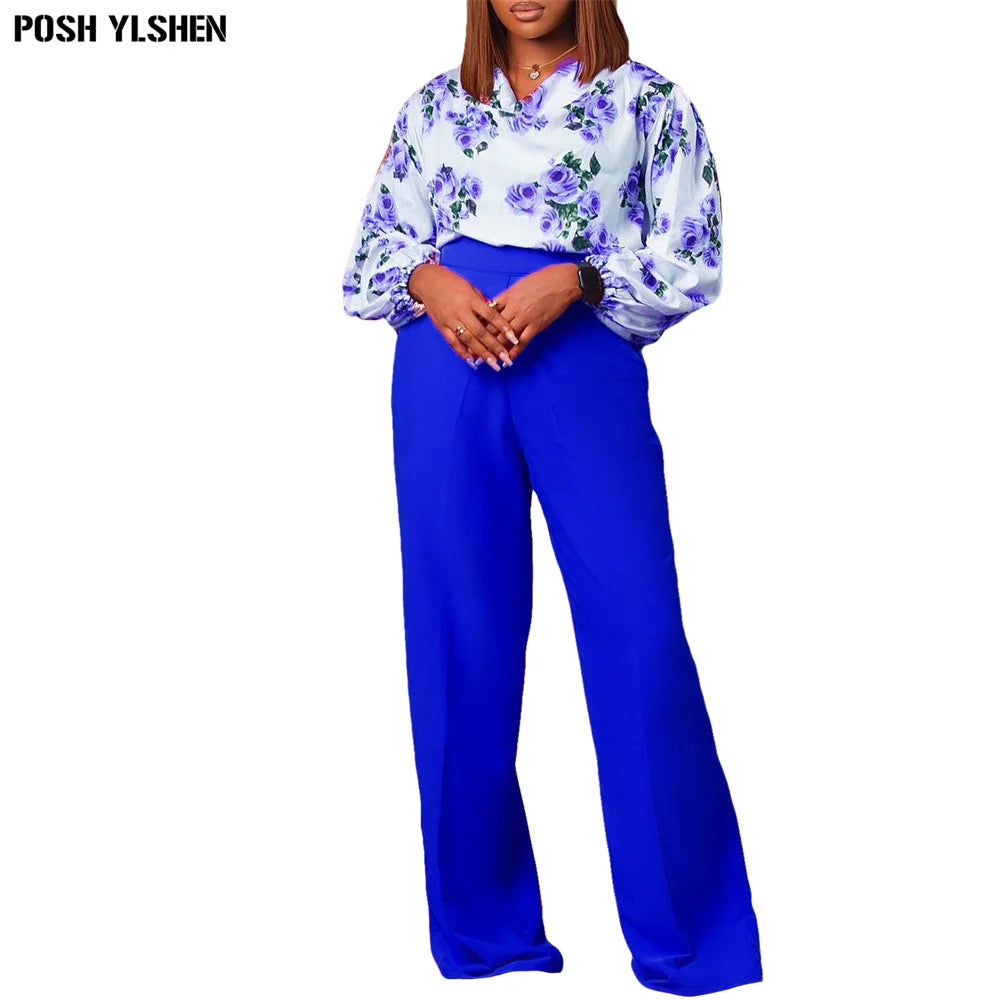 Maxy Two Piece Set Women Tracksuit Summer Fall Clothes African Dresses for Women Casual Party Print Tops Wide Leg Pants Suits Outfits
