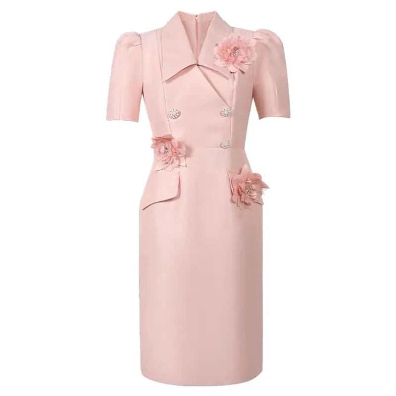 Maxy New Elegant Summer Fashion Pink Business Formal Occasion Dress Women Bubble Sleeve Slim Pencil Party Prom Vestido Street Clothes