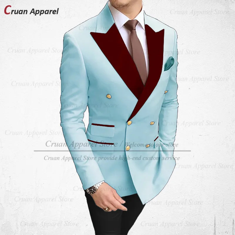 Visco Tailor-made 2024 Sky Blue Men's Suits 2Pcs Slim Fit Best Man Groom Wedding Tuxedo Fashion Burgundy Velvet Lapel Blazer Pants Set