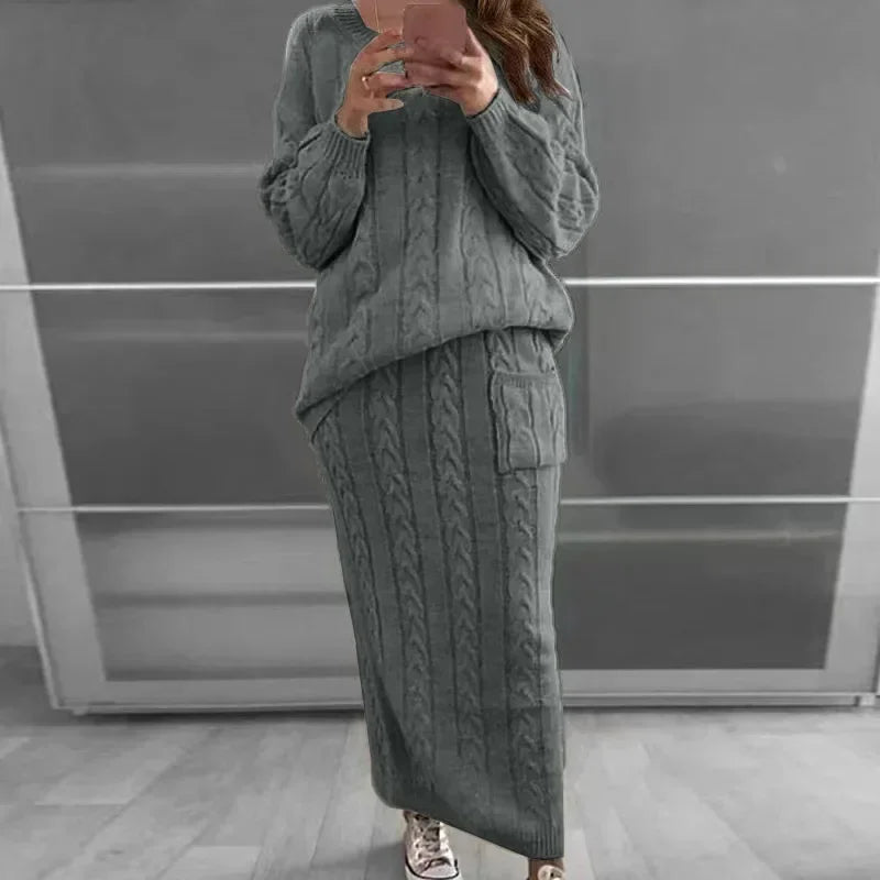 Sweater Women Set Autumn and Winter Two Piece Sets Women O-neck Knit Sweater Tops and Knit Skirt Set Solid Casual Warm Dress Set