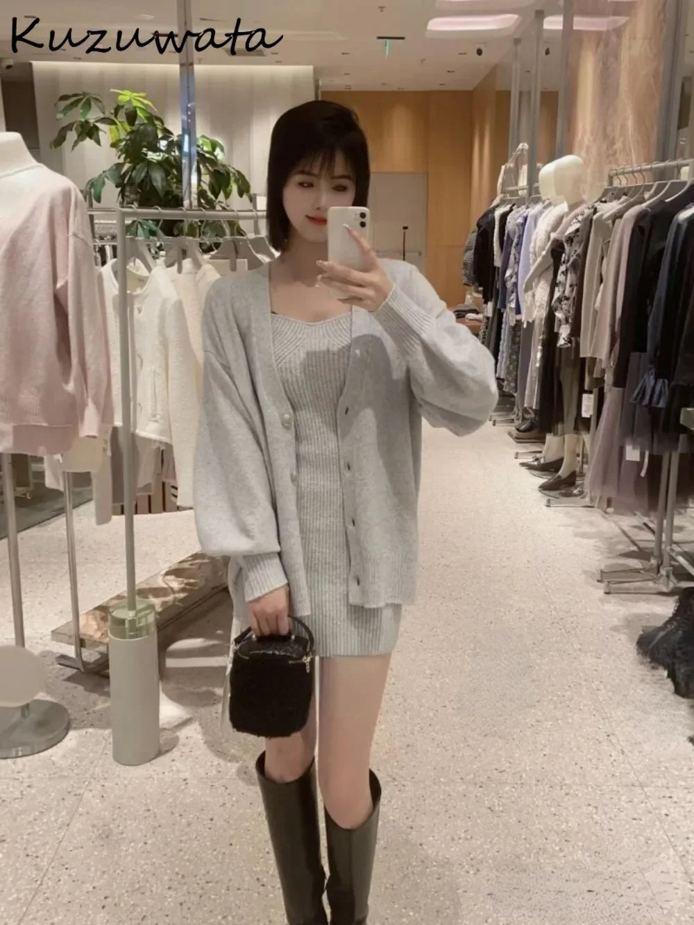 Maxy New Slim Fit Knit Elegant Sets Dress+v Neck Single Breasted Lantern Sleeve Cardigan Japan Spring Casual Suits Robe