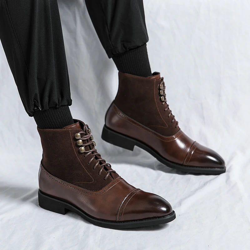Amay Chelsea Men's Winter Dress Business Formal Casual Brogue Italian Designer Shoes Black Split Leather Ankle Boots Footwear For Men