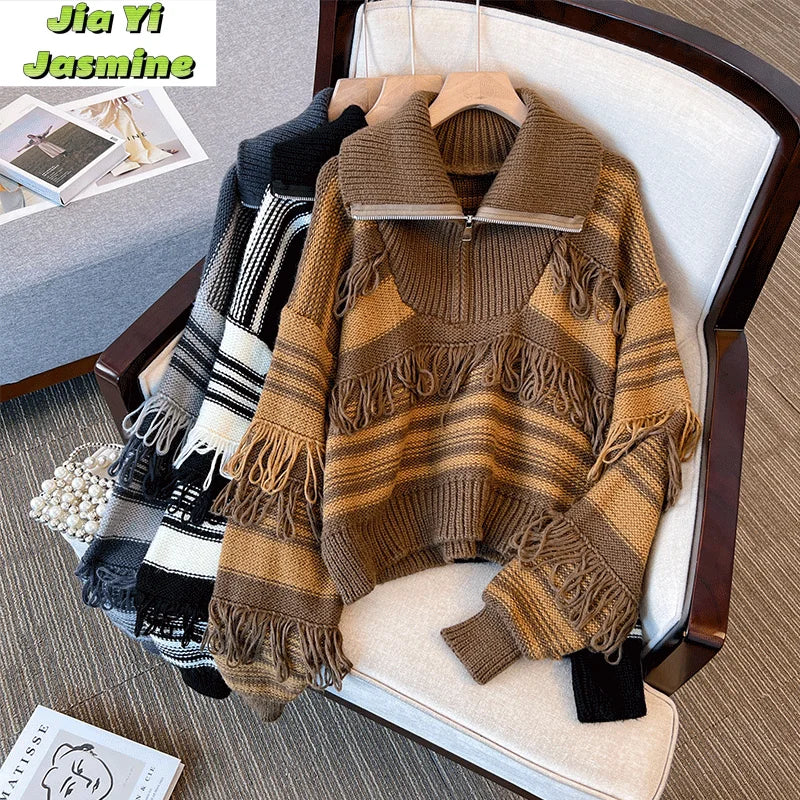 Mercygrace Collar Striped Sweater for Women 2024 Autumn/Winter New Style Large Size Slim and Stylish Tassel Short Knitted Sweater