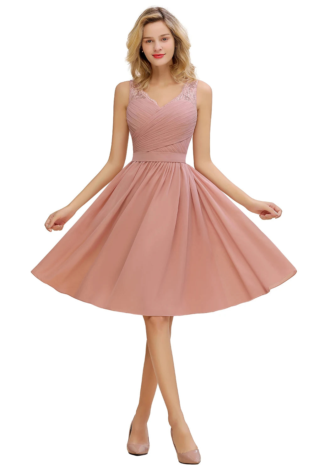 Maxy Hot Sale Chiffon Lace Bridesmaid Dresses Pleat V Neck Short Formal Wedding Evening Party Prom Gown For Bride Cocktail Vestidos