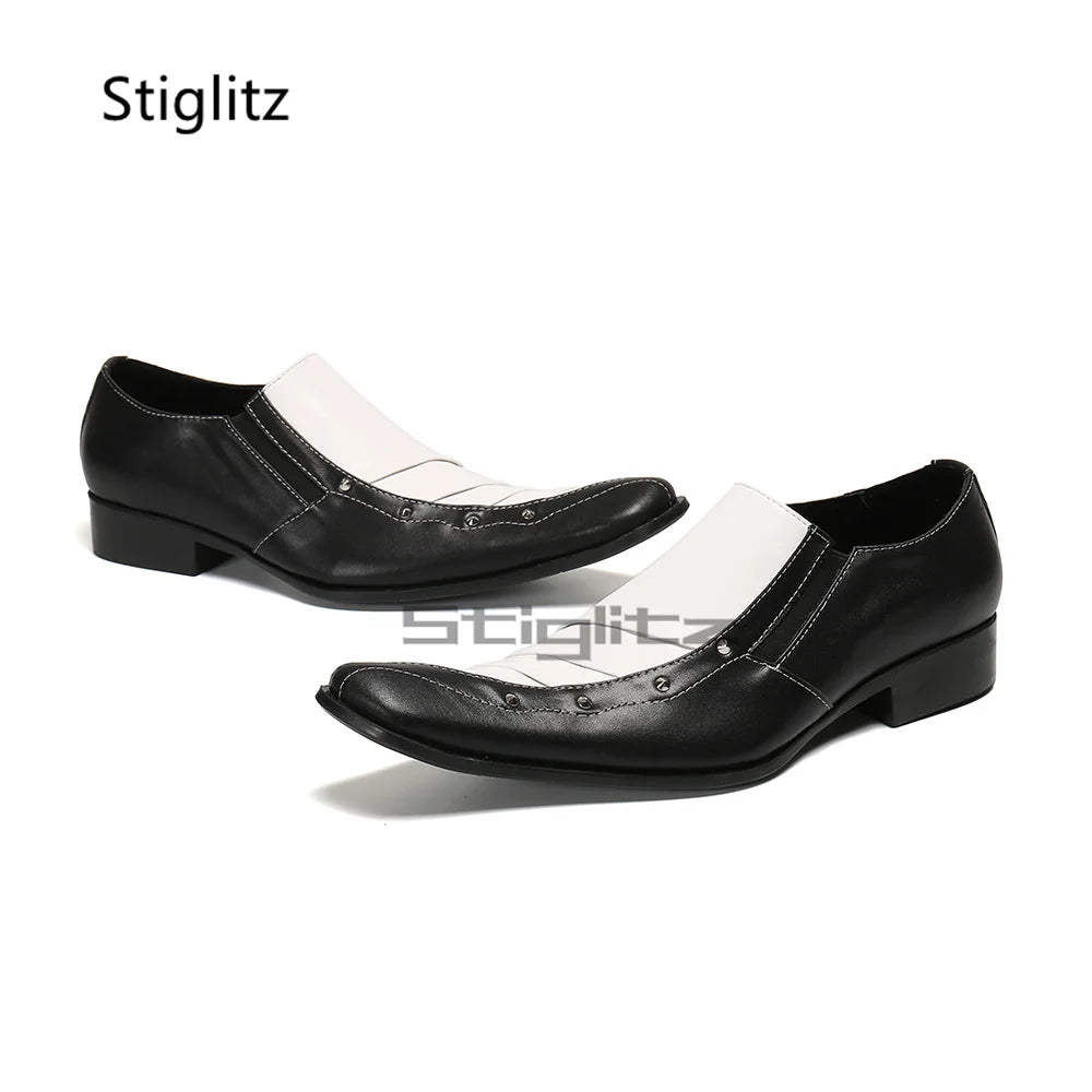 Visco Black White Men Dress Leather Shoes Small Square Toe Rhinestone Mixed Colors Prints Genuine Leather Party Banquet Business Shoes