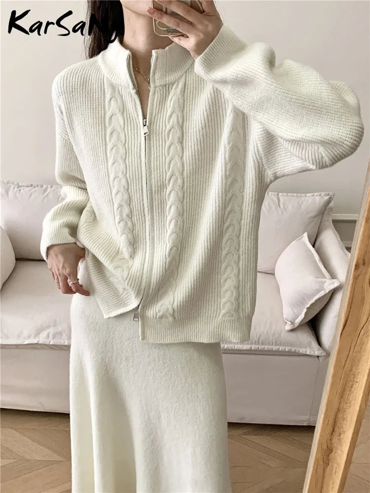 Maxy Sets For Women 2 Pieces Skirt Sweater Knitted Zipper Cardigan Stand Collar Solid Autumn Warm Winter Skirt Elegant Women's Sets
