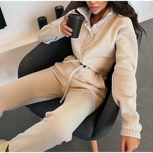 Maxy Casual Stand Collar Jumpsuits Women Autumn Winter Zipper One Piece Long Sleeve Outfit Solid Loose Drawstring Rompers Tracksuits