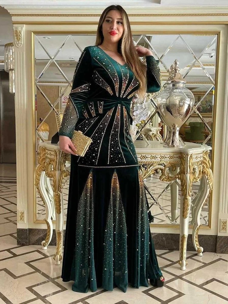 Maxy Velvet Evening Dresses for Women Dashiki Diamond Kaftan Party Long Dress Abaya Dubai Ankara Robe Femme Africa Clothes