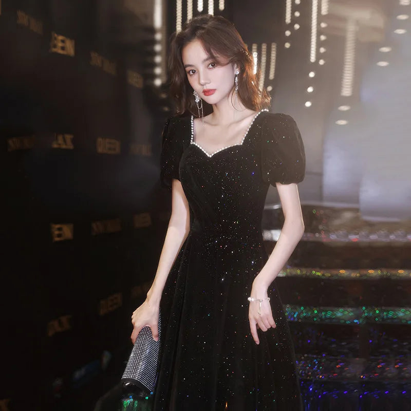 Maxy Fashion black evening dress 2024 new temperament annual meeting student art test dress elegant celebrity banquet