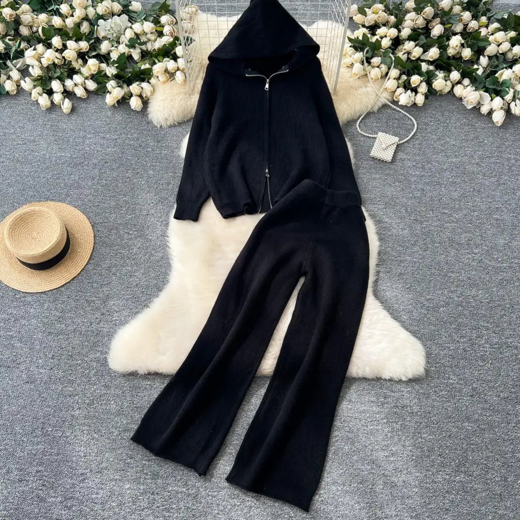 Amay Women 2 Piece Knitted Sweater Pantsuits Winter Fashion Korean Blouses Tops and Casual Pants Set Elegant Female Hoodies Outfits