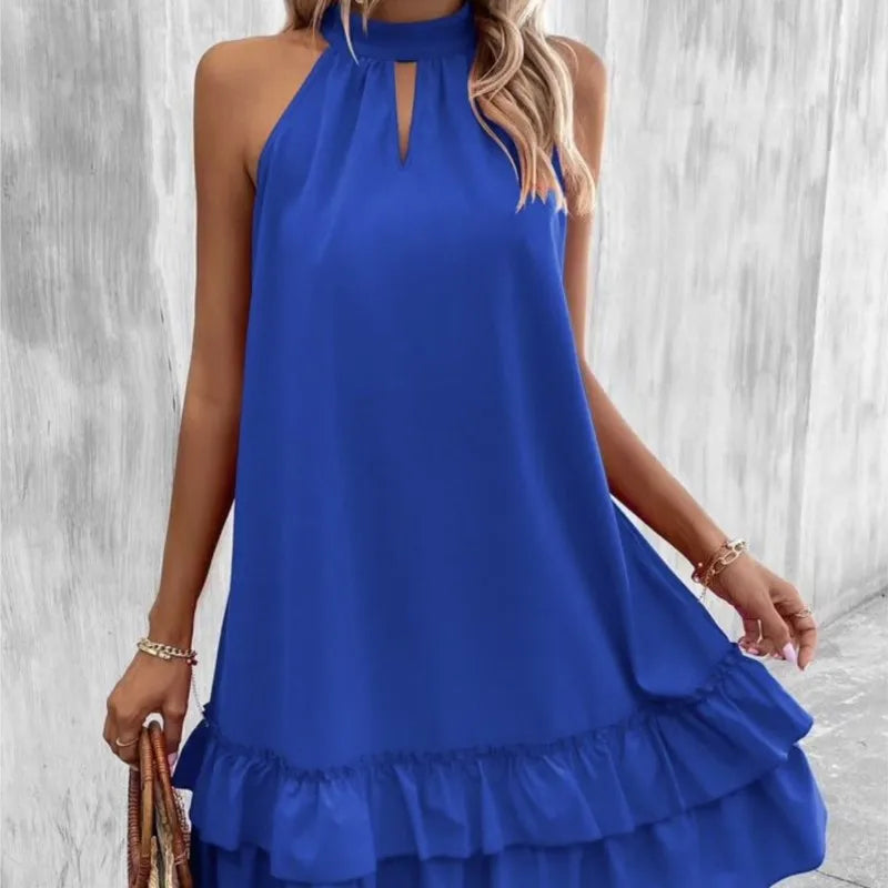 Summer New Solid Color Sleeveless Hanging Neck Series With Loose Ruffle Edge A-line Dress For Women's Fashion Midi Vestidos