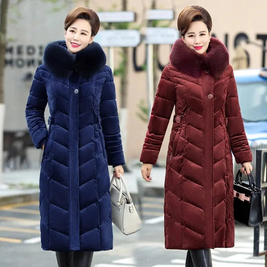 Maxy Long Mom's Winter Parka Quilted Elegant Luxurious Golden Velvet Down Cotton Coat Middle-aged Elderly Women's Thick Warm Jacket