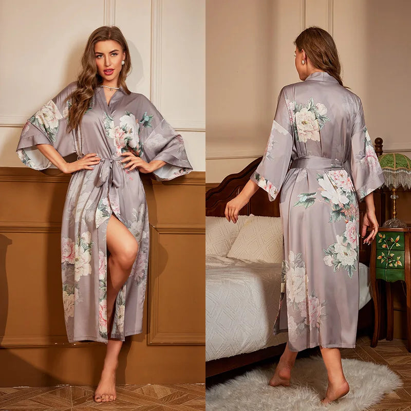 Maxy Japanese Style Half Sleeve Kimono Bathrobe Gown Female Long Robe Nightgown Sleepwear Loose Satin Print Flower Home Dressing Gown