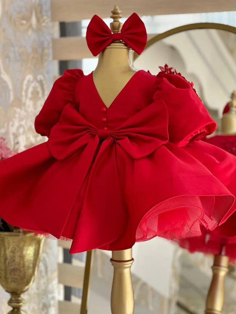 Maxy Princess Satin Lace Beading Bow Flower Girl Dress Children First Communion Dress Ball Gown Wedding Party Dress Birthday Show