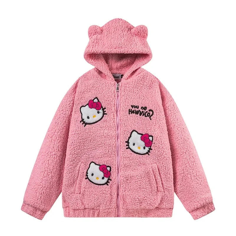 Maxy Hello Kitty Zip Hoodie Girl Loose Cardigan Coat Streetwear Women Clothes Oversized Sweatshirt Cardigan Plush Jacket Sweater