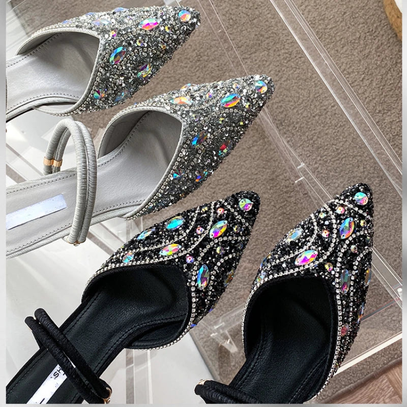 Babs Luxury Rhinestone Slippers Women Slingback Sandals Female Fashions Low Heel Flip-flops Shiny Pointed Toe Pumps Women Mule Shoes