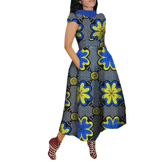 Maxy African Maxy Dress for Women Private Custom V-Back Short Sleeve Turn-down Collar Plus Size Casual Dress Ankara Attire Party Prom