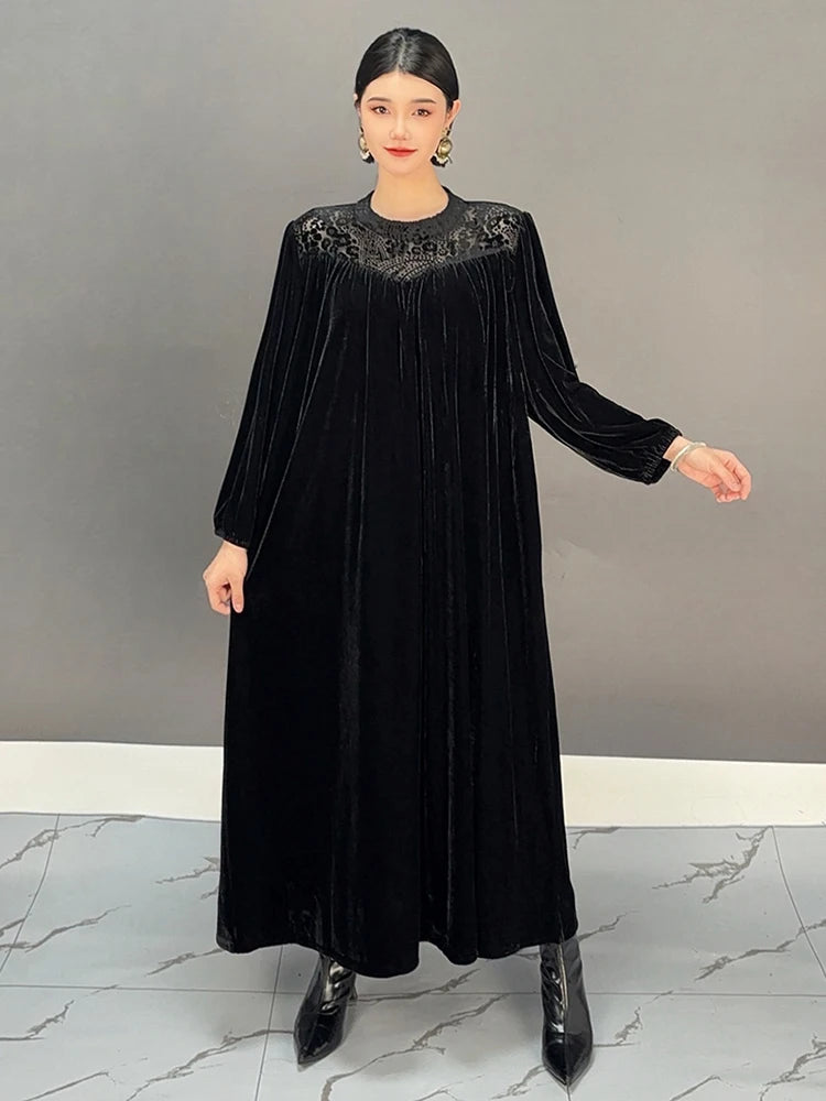 Maxy SHENGPALAE Velvet Print Long Dresses Women Round Collar Full Sleeve A Line Solid Color Wedding Party New Dress 5C1681