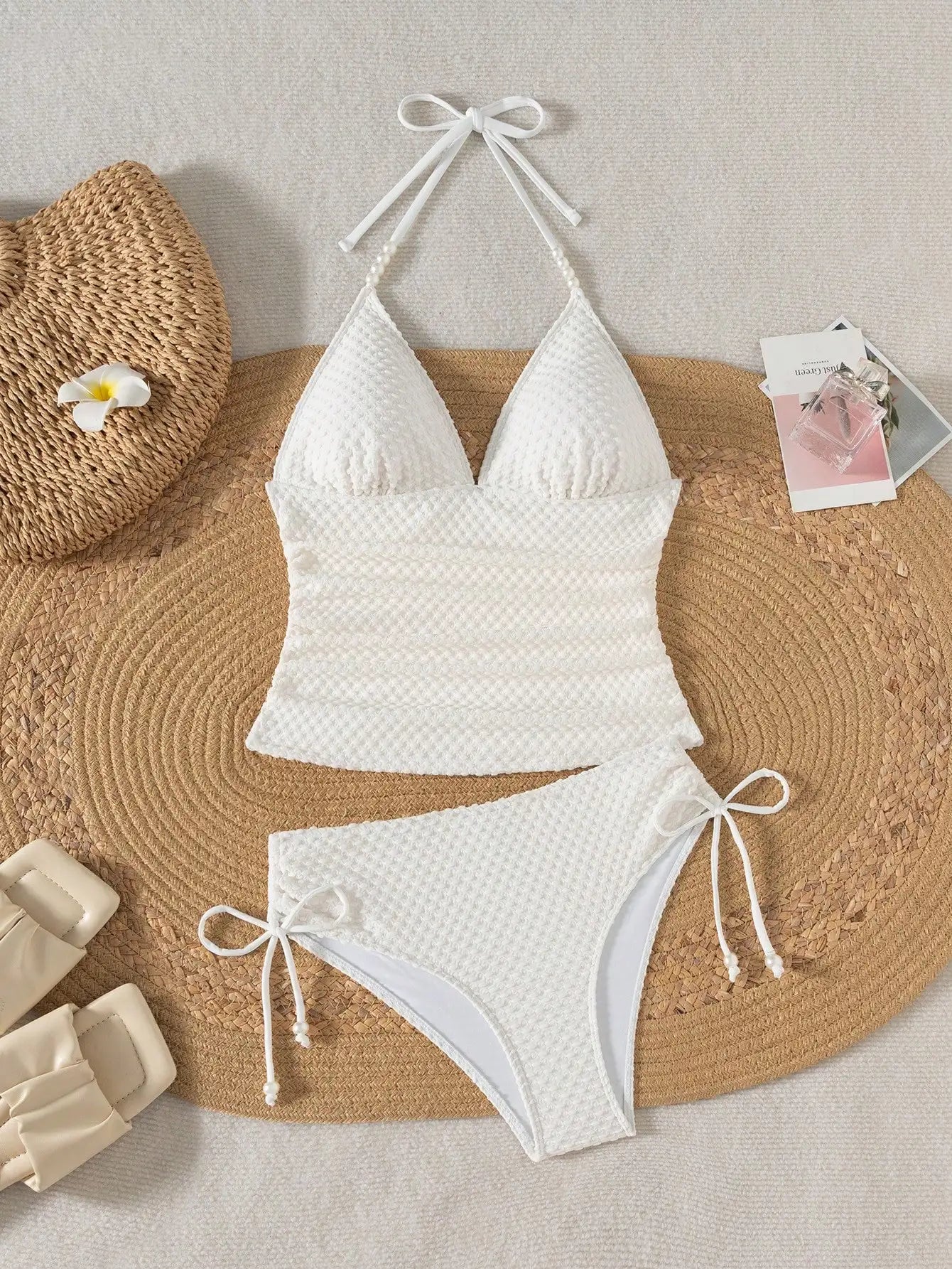 Maxy Women White Knitted Jacquard Beaded Drawstring Halter Neck Bikini Set