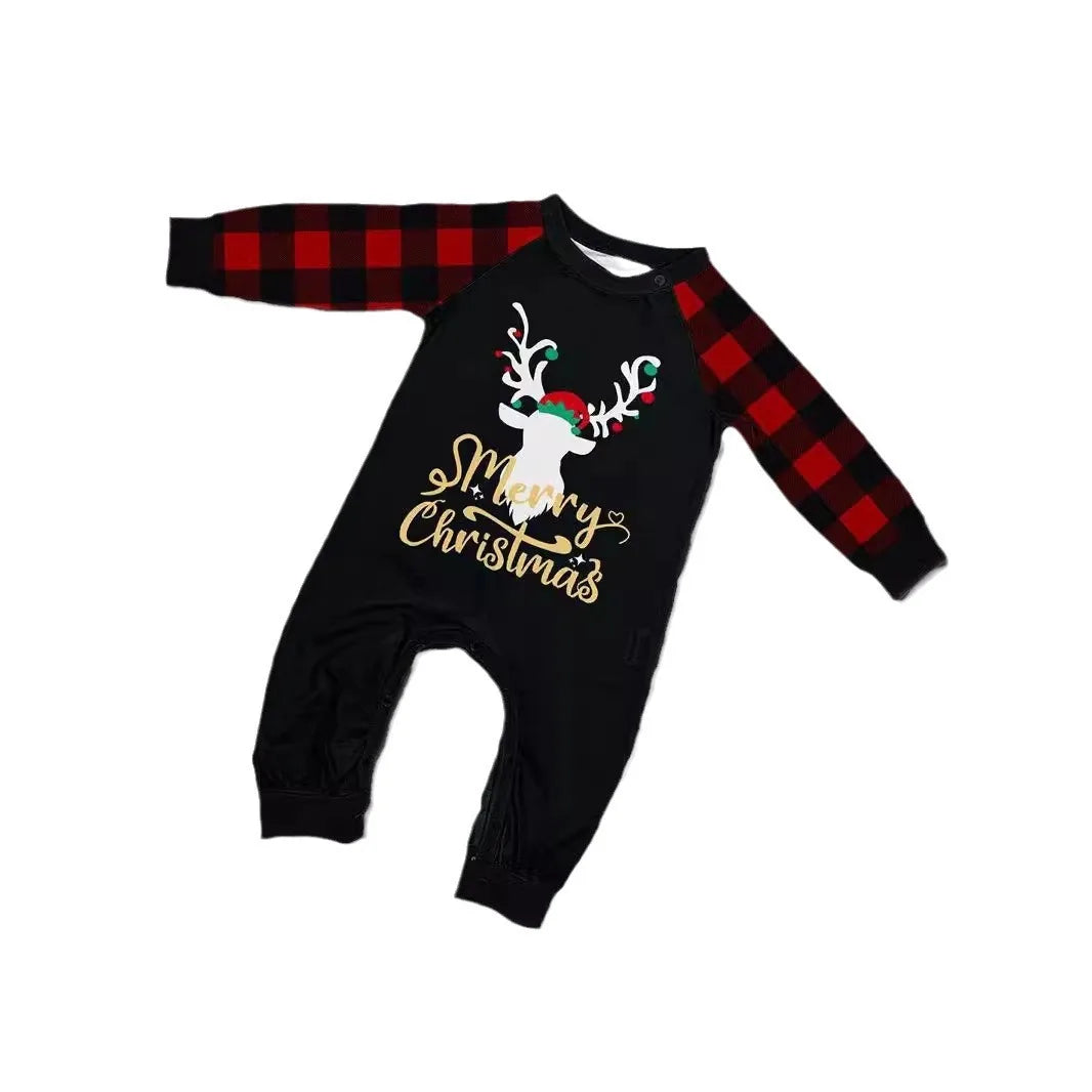 Maxy new autumn Christmas family suit, family pajamas set, round neck red and black check cute deer print long sleeve home suit