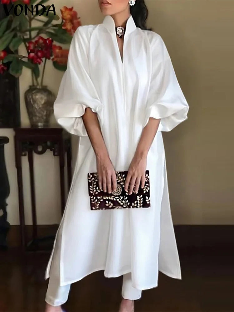 Maxy Plus Size 5XL VONDA Women Long Maxy Dress Office Sundress Casual Solid Color Elegant Elastic Loose A-line Dress