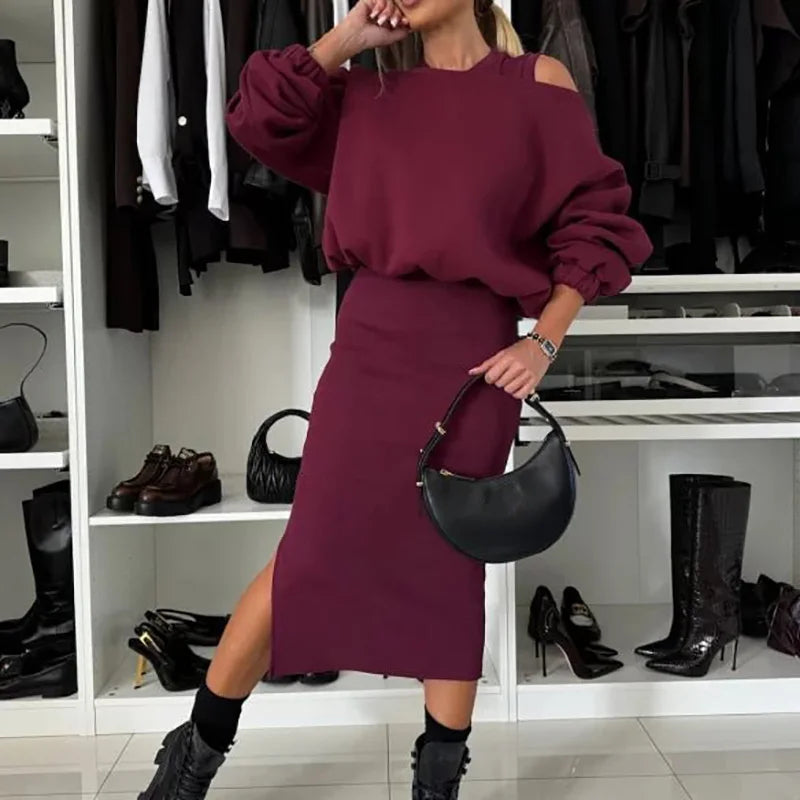 Maxy Elegant Female Solid Sweatshirt and Dress Suit Women Casual Loose Tops Dress Outfit Spring Ladies Round Neck Two Piece Suit