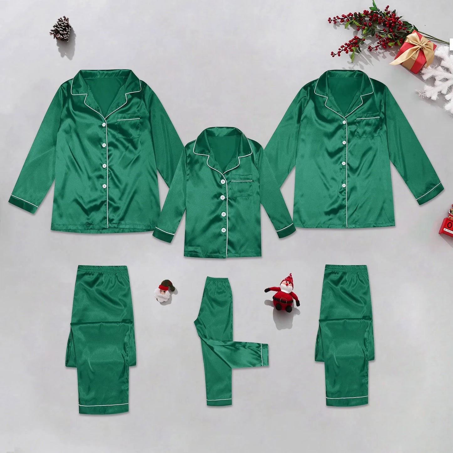 New Year Christmas Family Satin Silk Button Down Pajamas PJ's Sets Solid Two Piece Family Matching Sleepwear Elegant Loungewear